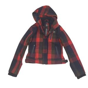 Harley-Davidson‎ Women's Medium Wool Plaid Hooded Jacket Red Double Zip